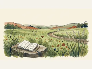 Un cuaderno de campo descansa sobre una piedra junto a flores y hierbas de una pradera.