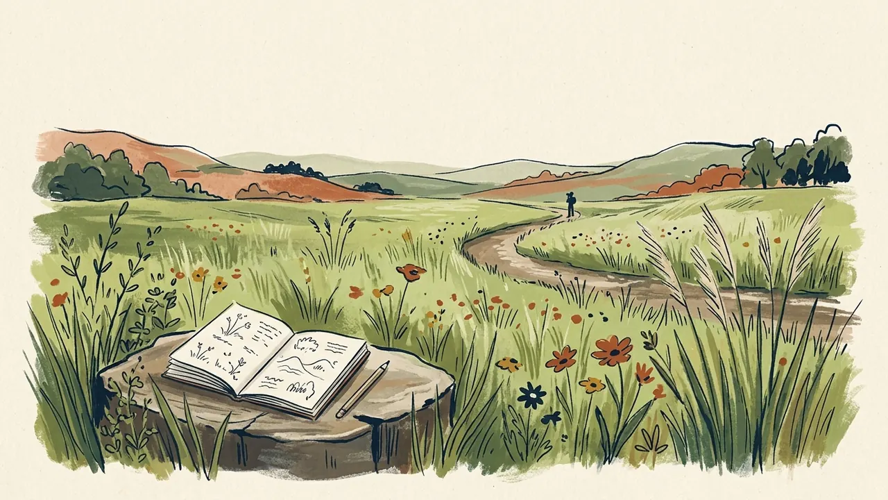 Un cuaderno de campo descansa sobre una piedra junto a flores y hierbas de una pradera.