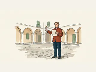 Pregonero con campana y papel en una plaza con soportales.