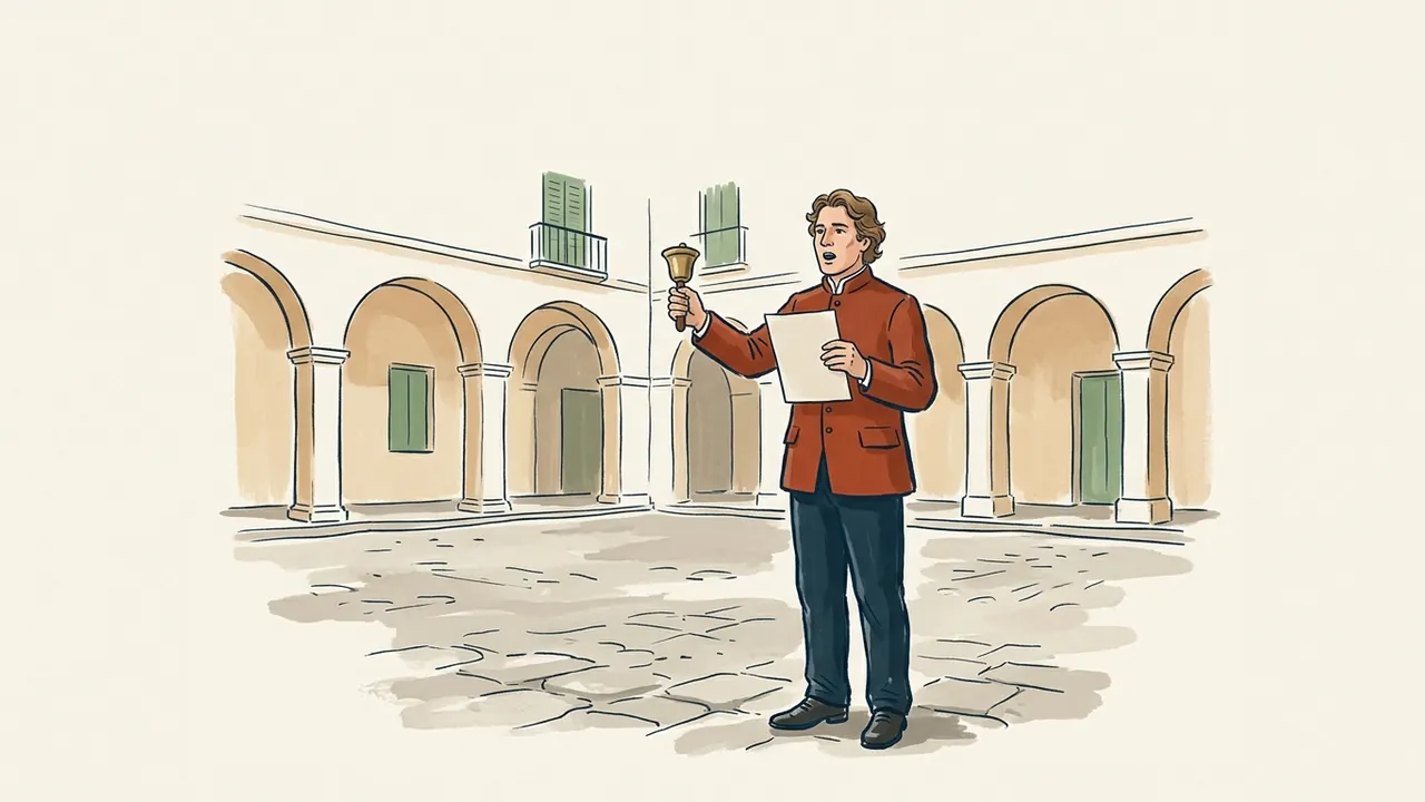Pregonero con campana y papel en una plaza con soportales.