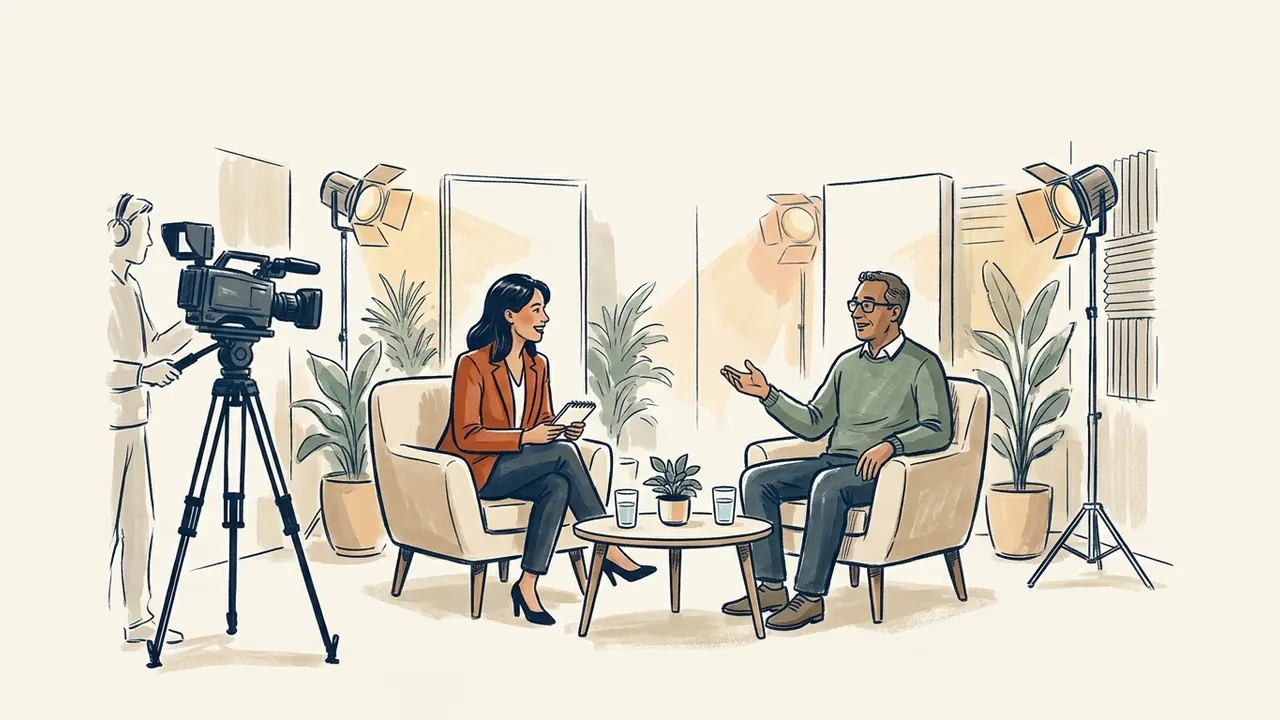 Una presentadora entrevista a un invitado en un estudio con cámara e iluminación.