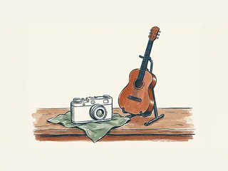 Una cámara antigua y una guitarra acústica sobre un mostrador, como objetos de segunda mano.
