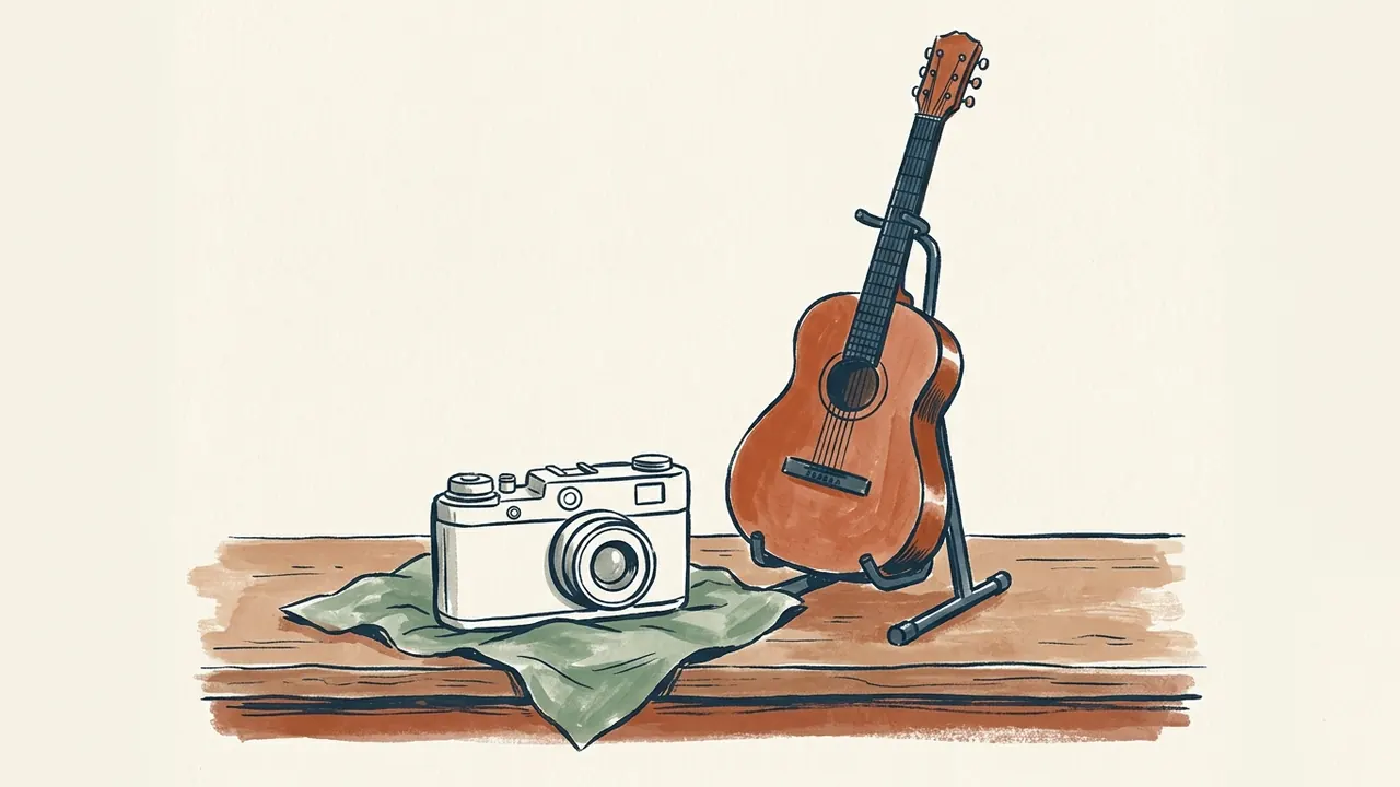 Una cámara antigua y una guitarra acústica sobre un mostrador, como objetos de segunda mano.