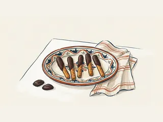 Cinco pretzels alargados parcialmente cubiertos de chocolate sobre un plato de cerámica.
