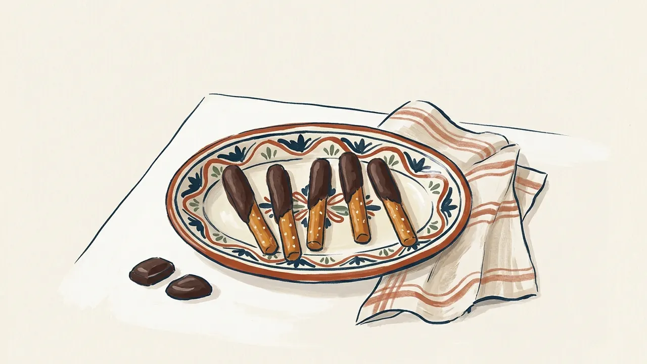 Cinco pretzels alargados parcialmente cubiertos de chocolate sobre un plato de cerámica.