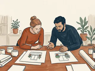Dos personas observan láminas sencillas de balcones con plantas sobre una mesa.