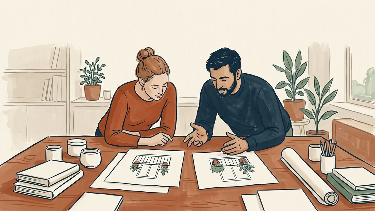 Dos personas observan láminas sencillas de balcones con plantas sobre una mesa.