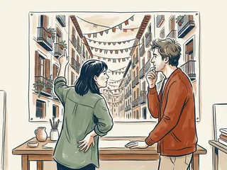 Dos personas observan una ilustración de una calle imaginaria con balcones y guirnaldas.