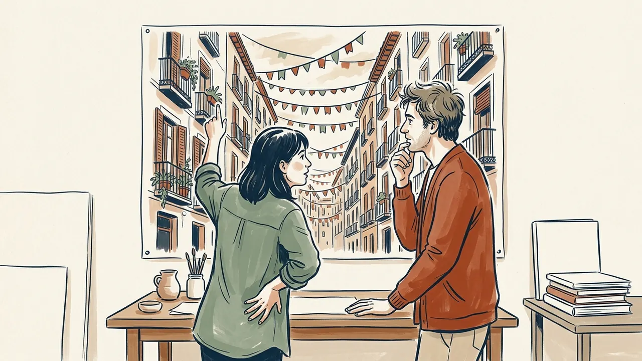 Dos personas observan una ilustración de una calle imaginaria con balcones y guirnaldas.