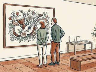Dos personas contemplan una ilustración de instrumentos musicales y flores en una sala cultural.