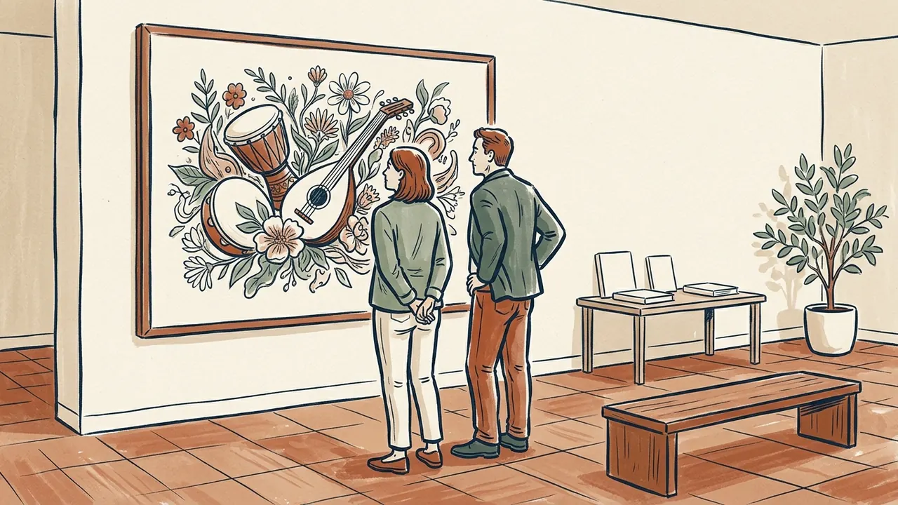 Dos personas contemplan una ilustración de instrumentos musicales y flores en una sala cultural.