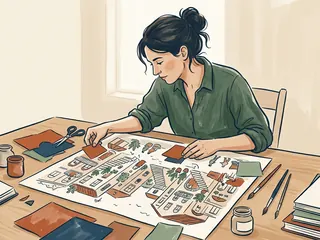 Una persona combina papeles de colores con un dibujo de una plaza imaginaria.