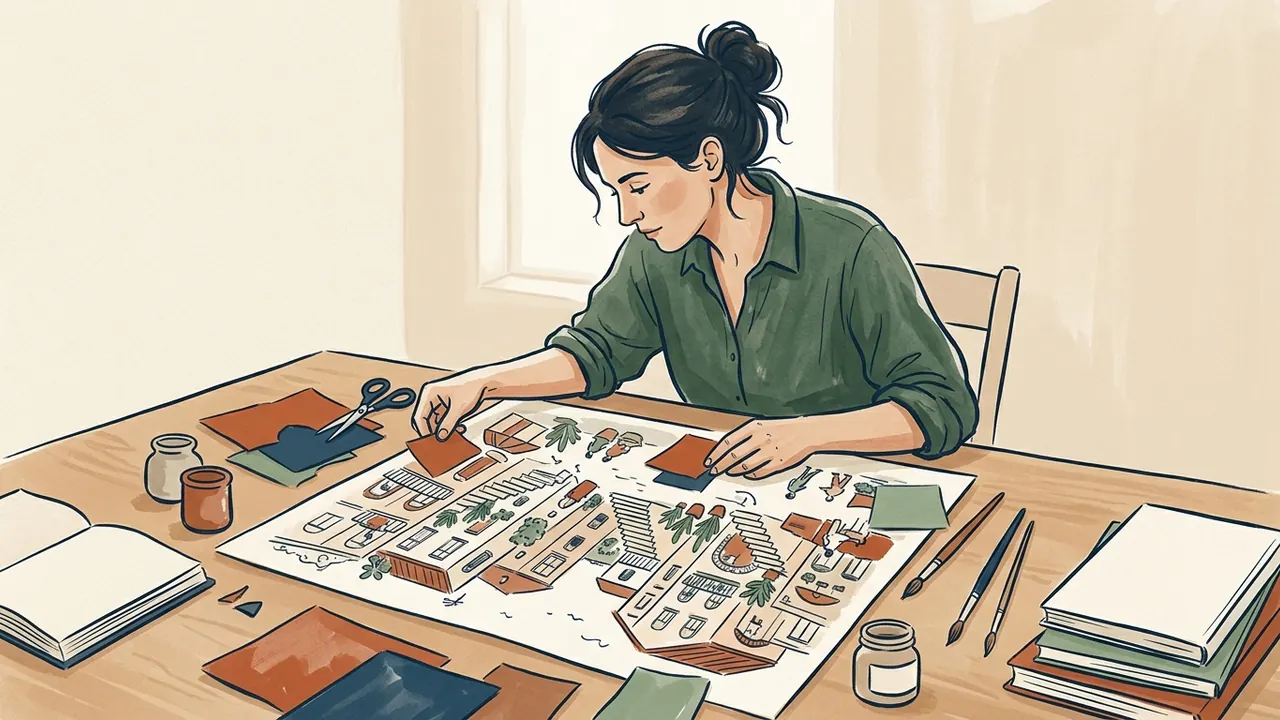 Una persona combina papeles de colores con un dibujo de una plaza imaginaria.