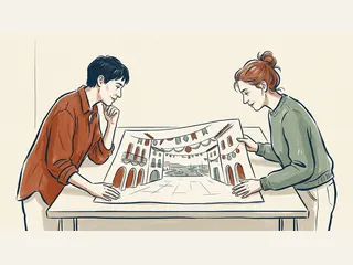 Dos personas observan un dibujo de una plaza costera imaginaria con adornos festivos.