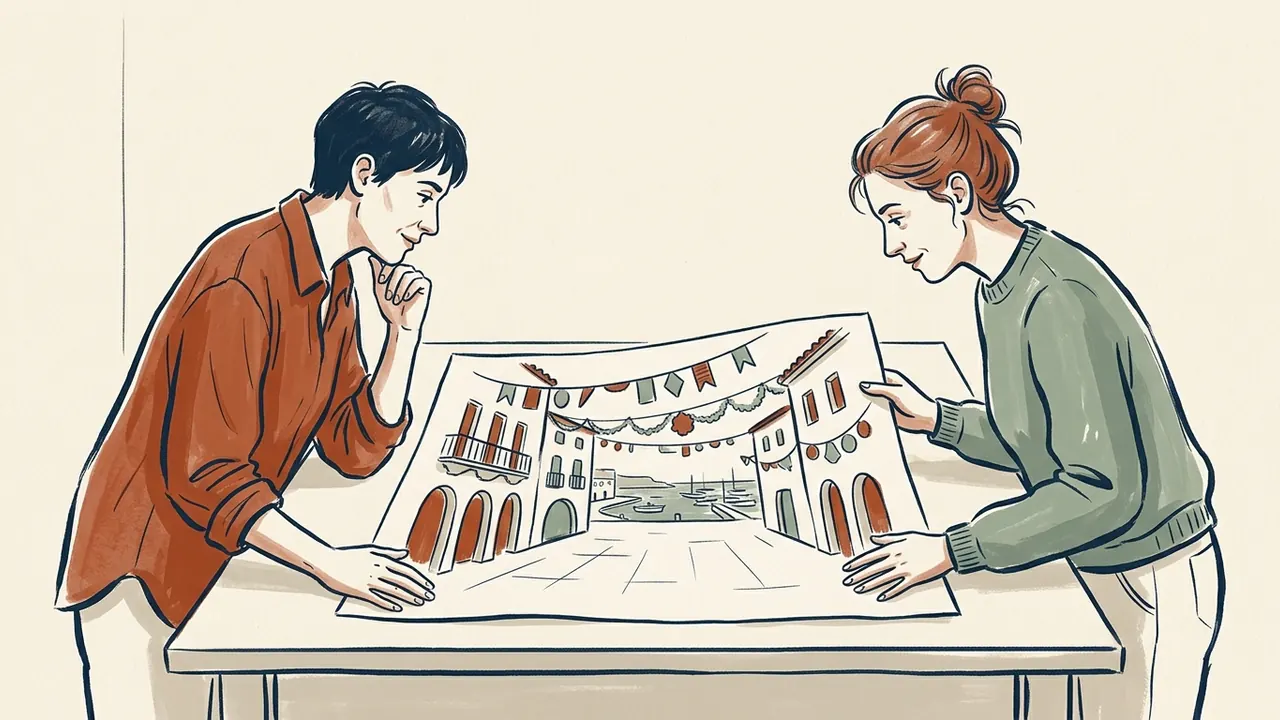 Dos personas observan un dibujo de una plaza costera imaginaria con adornos festivos.