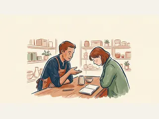 Un profesional de una tienda conversa con una clienta ante dos piezas de cerámica y un cuaderno.