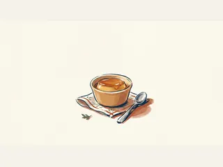 Cuenco de pudin butterscotch acompañado por una cuchara sobre una servilleta.