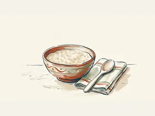 Cuenco de pudín de tapioca con perlas visibles, junto a una cuchara sobre un paño doblado.