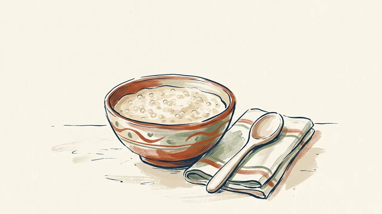 Cuenco de pudín de tapioca con perlas visibles, junto a una cuchara sobre un paño doblado.