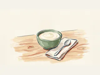 Cuenco verde con postre cremoso de vainilla y una cucharilla sobre una servilleta clara.