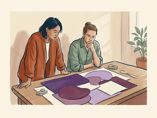 Dos personas adultas observan una composición de papeles en tonos morados.