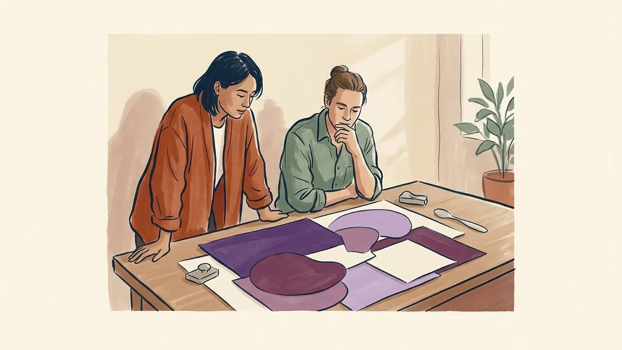 Dos personas adultas observan una composición de papeles en tonos morados.