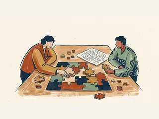 Dos personas resuelven un puzle de piezas grandes junto a un laberinto y fichas de madera.