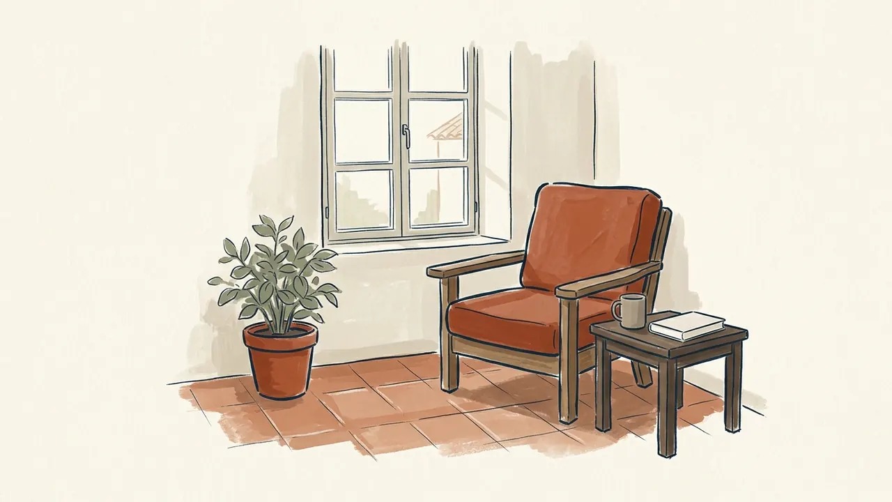 Rincón de lectura con una butaca vacía, un libro, una taza y una planta junto a una ventana.