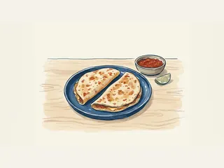 Dos quesadillas dobladas en un plato azul, junto a un cuenco de salsa y una cuña de lima.