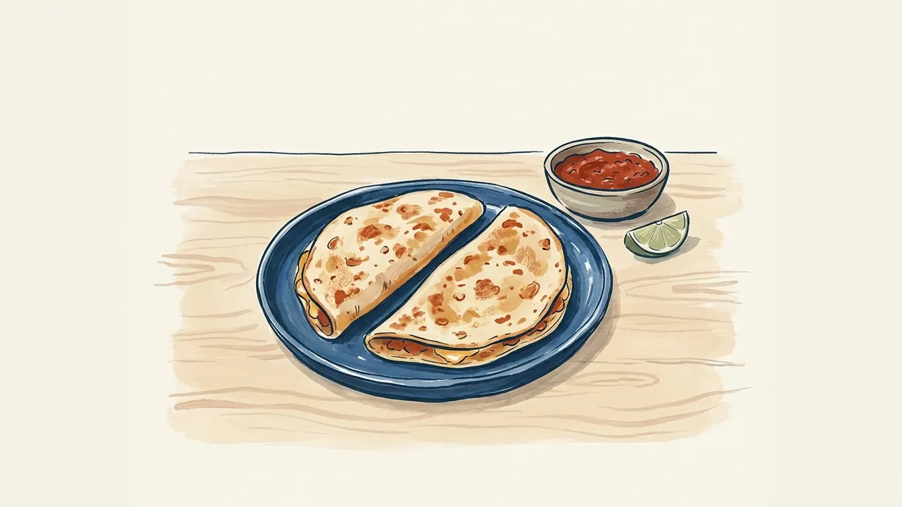 Dos quesadillas dobladas en un plato azul, junto a un cuenco de salsa y una cuña de lima.
