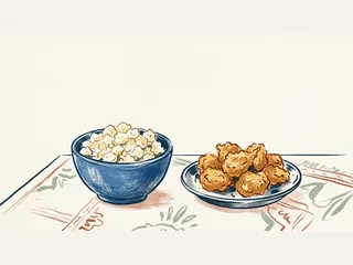 Cuenco azul con pequeños bocados de queso y plato con bocados rebozados dorados.