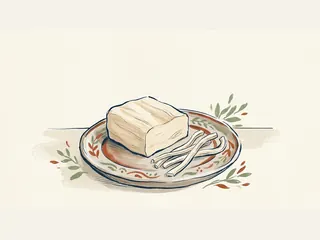 Queso claro con hebras longitudinales separadas sobre un plato.