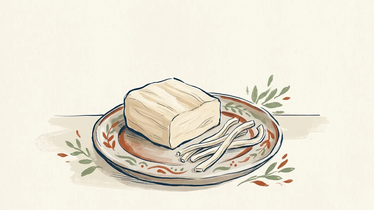Queso claro con hebras longitudinales separadas sobre un plato.
