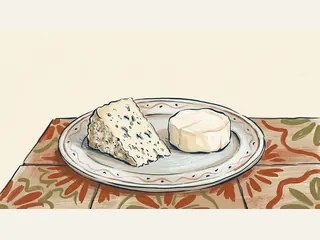 Una cuña de queso azul y una pequeña rueda de corteza blanca sobre un plato de cerámica.