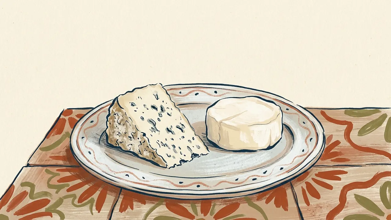 Una cuña de queso azul y una pequeña rueda de corteza blanca sobre un plato de cerámica.