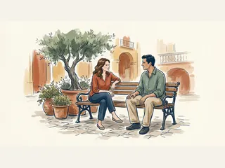 Una mujer y un hombre conversan sentados en un banco de una plaza con macetas y un olivo.