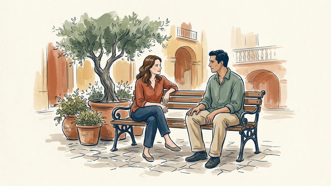 Una mujer y un hombre conversan sentados en un banco de una plaza con macetas y un olivo.
