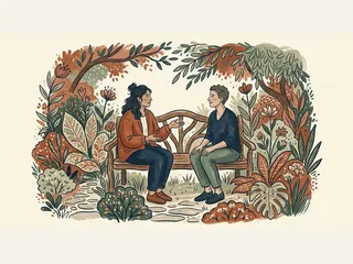 Dos personas adultas conversan en un banco rodeado de plantas.