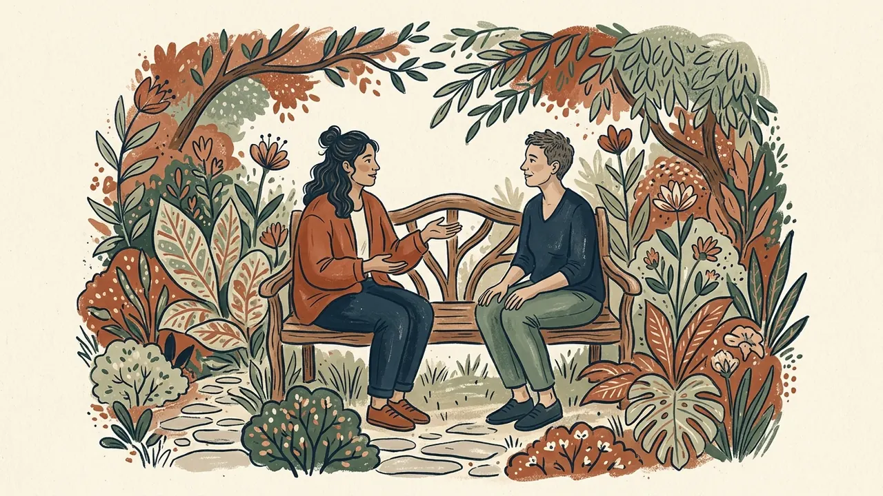 Dos personas adultas conversan en un banco rodeado de plantas.