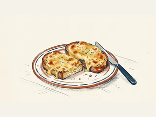 Tostadas cubiertas con salsa de queso gratinada sobre un plato.