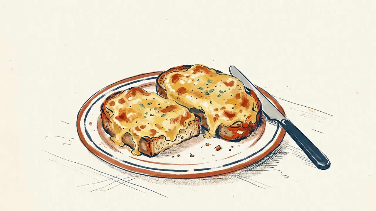 Tostadas cubiertas con salsa de queso gratinada sobre un plato.