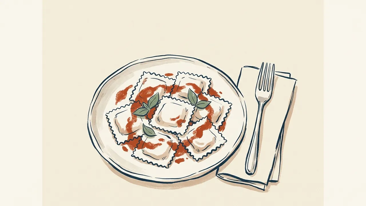 Plato de siete raviolis cuadrados con salsa de tomate y albahaca, junto a un tenedor y una servilleta.