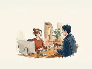 Una recepcionista atiende a un visitante en un mostrador con ordenador y una planta al fondo.