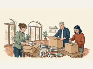 Tres personas preparan cajas de libros en un local vecinal luminoso.