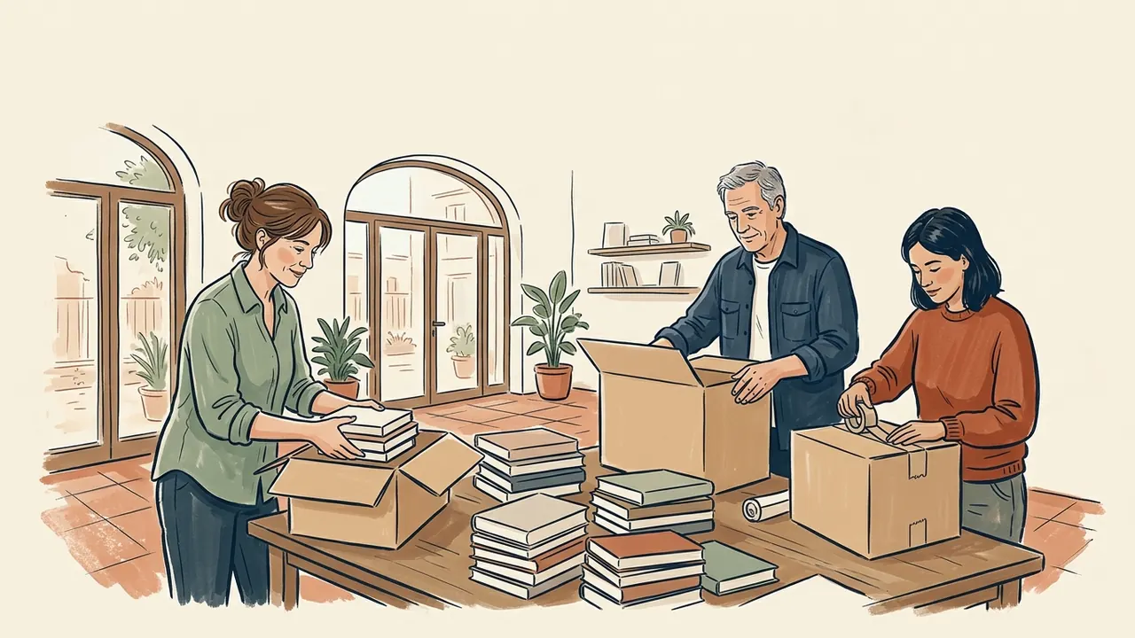 Tres personas preparan cajas de libros en un local vecinal luminoso.