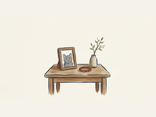 Retrato de un gato enmarcado sobre una mesa, junto a un collar y una rama en un jarrón.