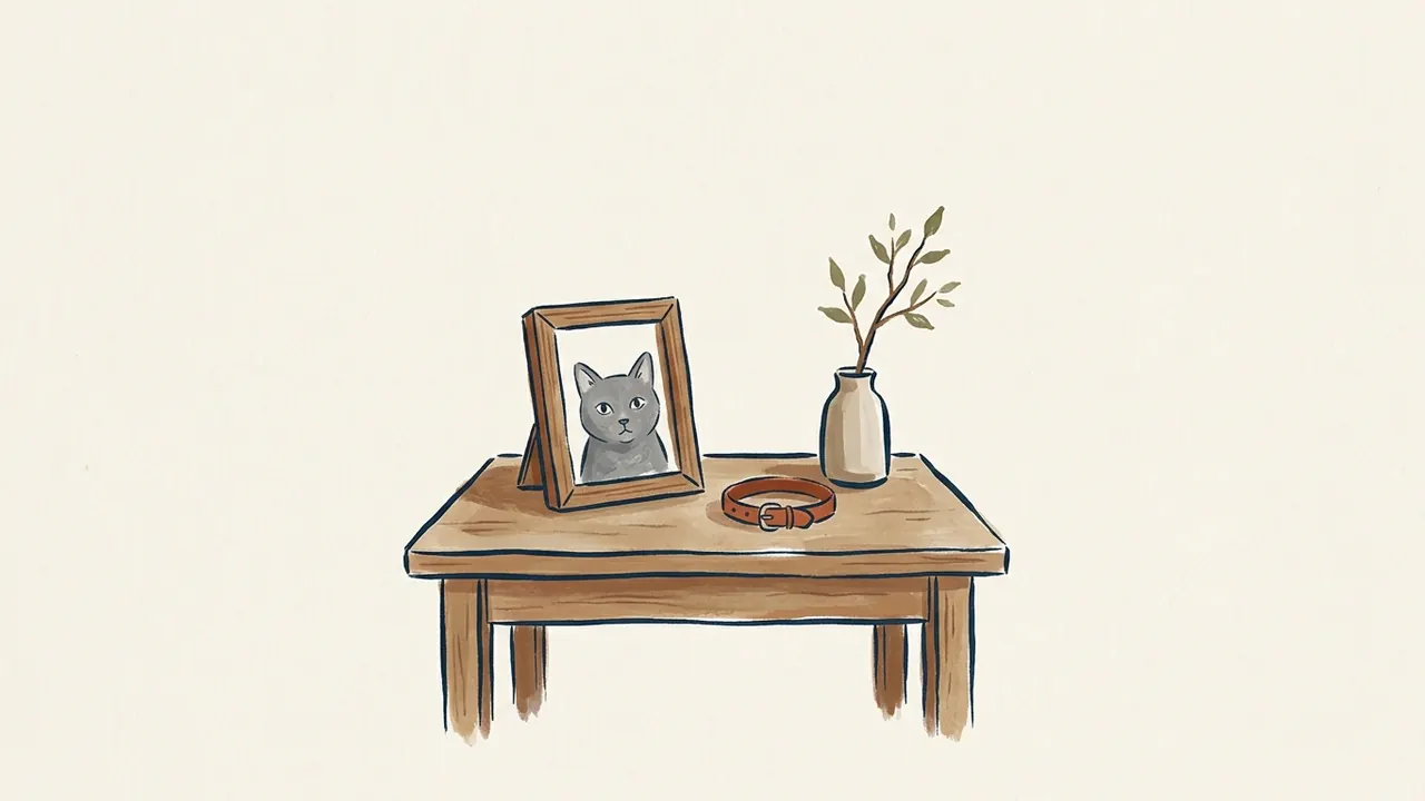 Retrato de un gato enmarcado sobre una mesa, junto a un collar y una rama en un jarrón.