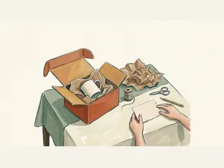 Varias manos preparan un paquete con una taza y una tarjeta lisa sobre papel de embalaje.