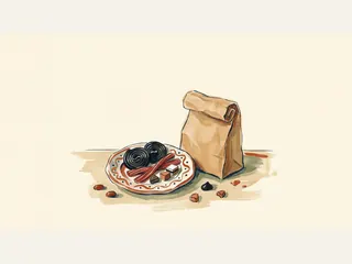 Un plato de cerámica reúne espirales oscuras y otras golosinas junto a una bolsa de papel sin etiqueta.