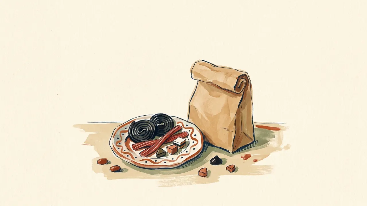 Un plato de cerámica reúne espirales oscuras y otras golosinas junto a una bolsa de papel sin etiqueta.